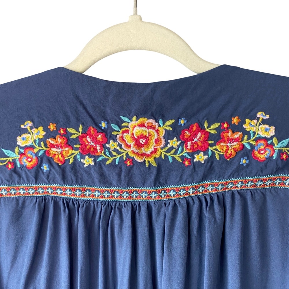 Savanna Jane Blue Floral Embroidered Boho Peasant Blouse Puff Sleeve Medium - Picture 8 of 12
